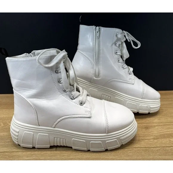Koi‎ Footwear Women's Platform Ankle Boots Size 9 White Lace Up Lug Sole - Picture 7 of 16